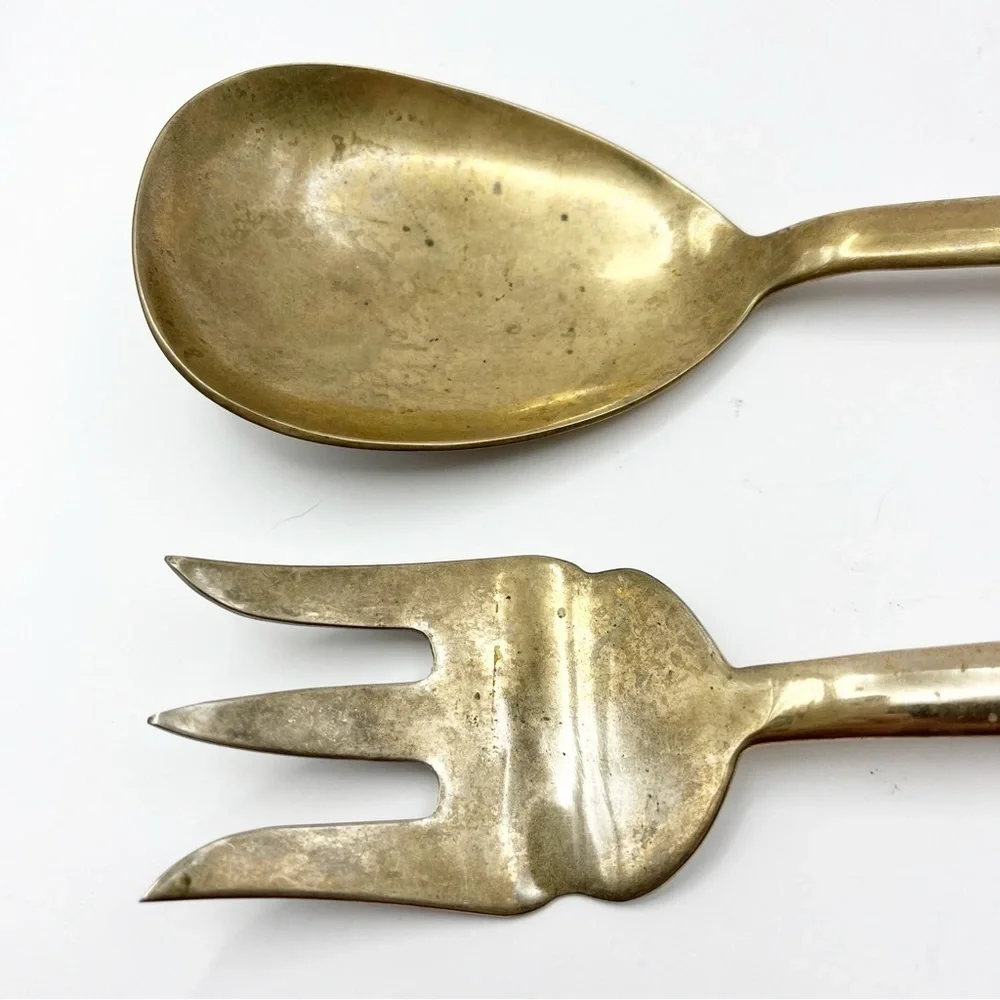 Brass Bronze Wood Handle Salad Serving Spoon & Fork Flatware Thailand Siam